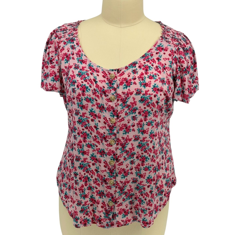 Torrid Blouse Pink Floral Smocked Button Front Flutter Sleeve 1